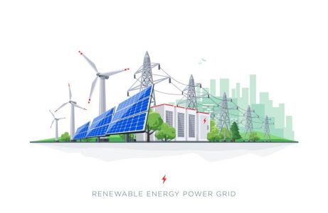 Renewable energy smart power grid system. Flat vector illustration of solar panels, wind turbines, battery storage, high voltage electricity power transmission grid and city skyline.