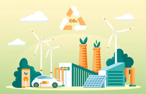 Recycling carbon dioxide concept. Renewable methanol alternative energy. Ecological CO2 consumption for fiber technology production. Nature friendly and clean fuel substitute. Flat vector illustration